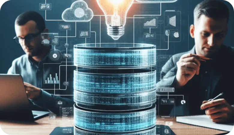 Two men working with laptops and notes beside digital data servers and cloud graphics.