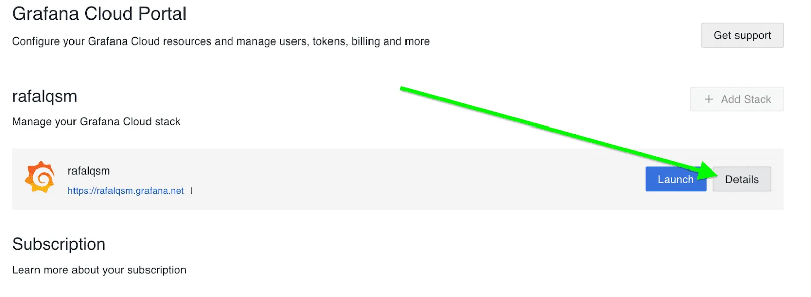 Grafana Cloud Portal with green arrow pointing to the Details button for a stack.