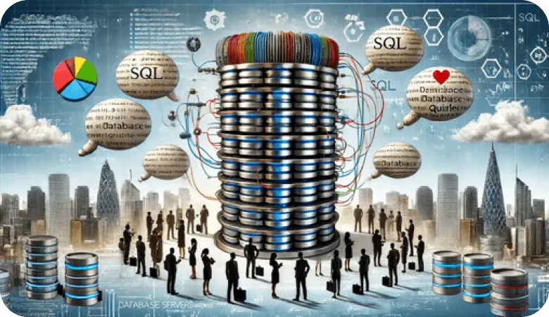 Large database server illustration with people, SQL text bubbles, and data visualizations.