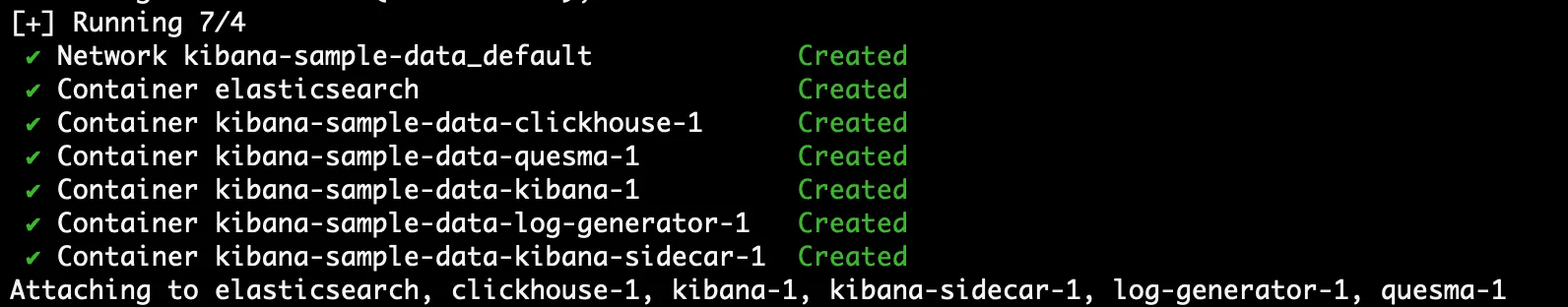 Docker compose output showing 7 containers being created