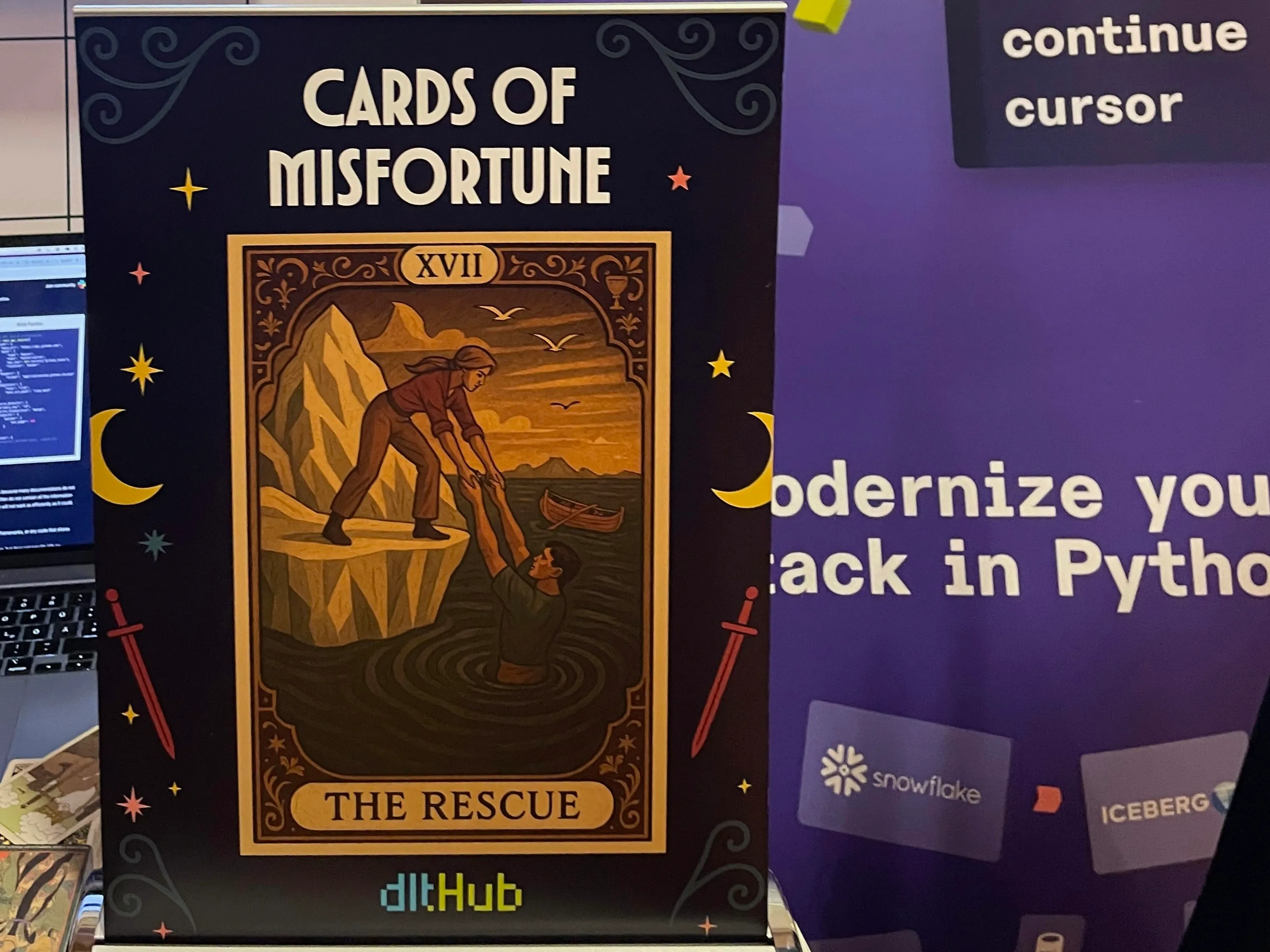 Tarot-style poster titled "Cards of Misfortune" showing a rescue scene by dltHub.