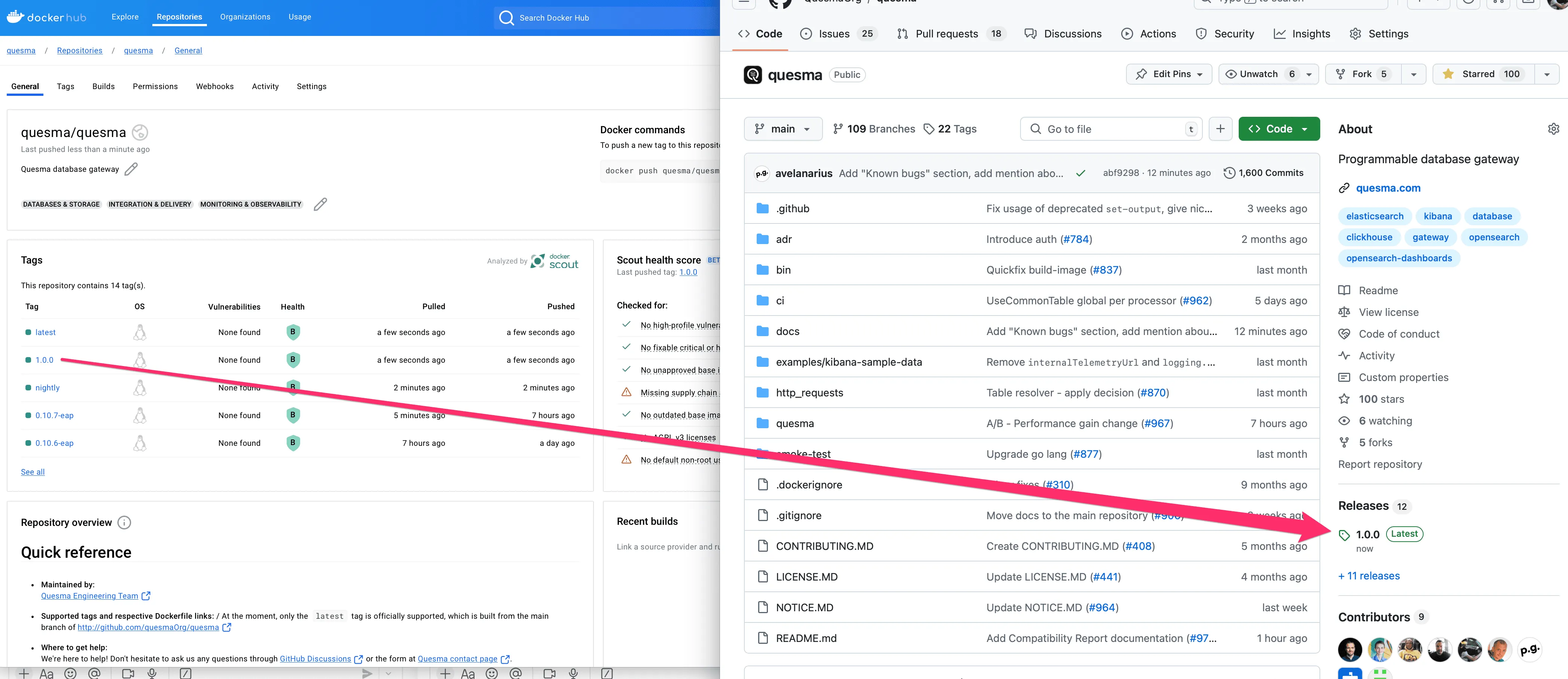 Quesma 1.0.0 release highlighted on Docker Hub and GitHub repository pages.