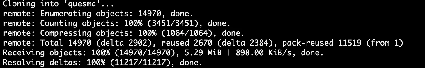 Terminal output showing git clone progress for Quesma repository
