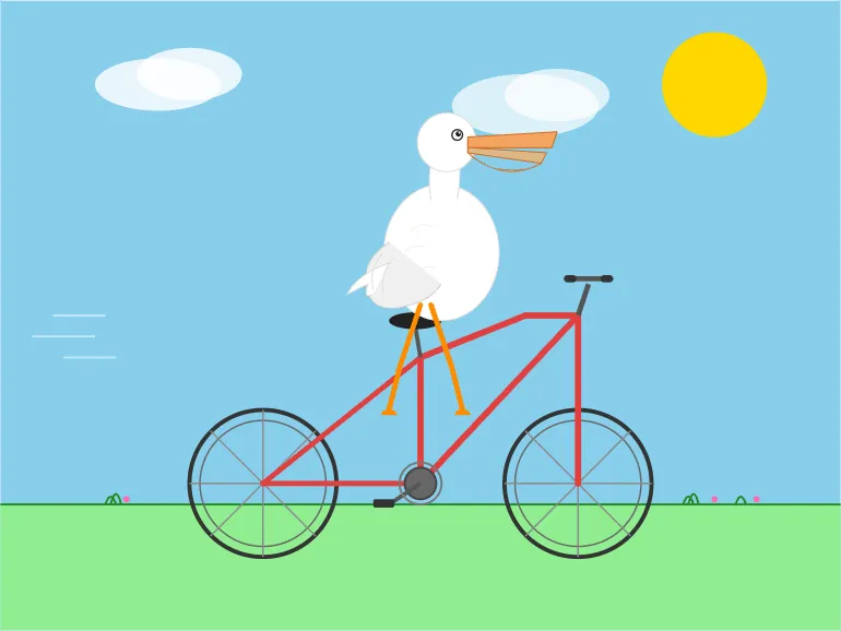 Pelican riding a bicycle as drawn by UD-IQ2_M