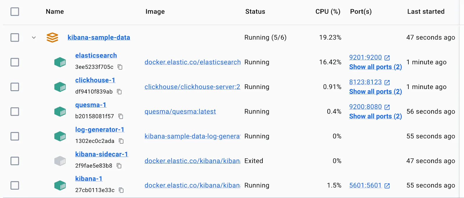 Docker Desktop showing running containers including Elasticsearch, ClickHouse, Quesma, and Kibana