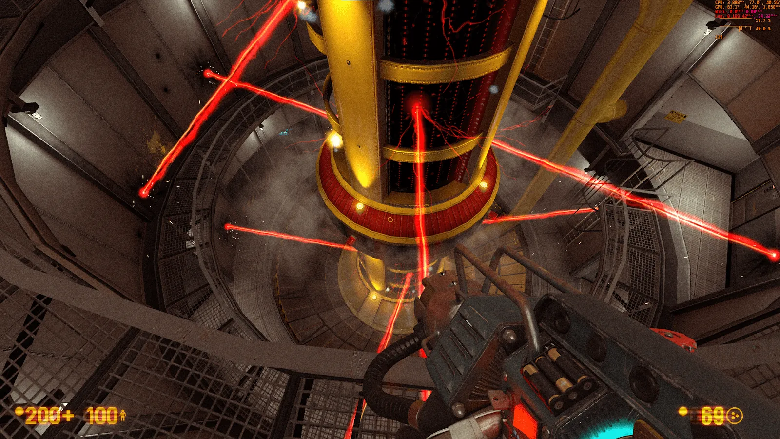 First-person view from Black Mesa game showing Lambda Core reactor with red laser beams