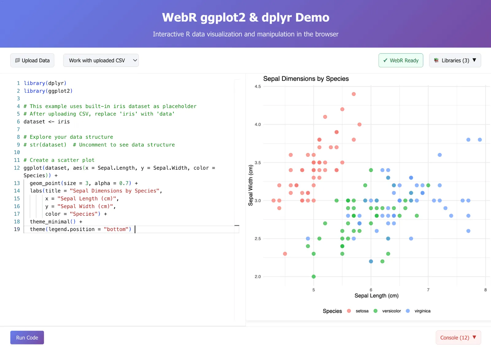 WebR ggplot2 demo showing iris dataset scatter plot with code editor