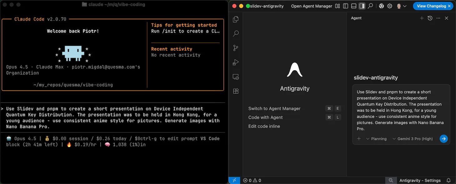 Claude Code terminal and Antigravity IDE shown side by side with the same prompt