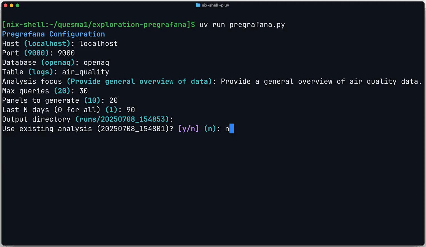 Terminal running a Python script configuring database queries for air quality analysis.
