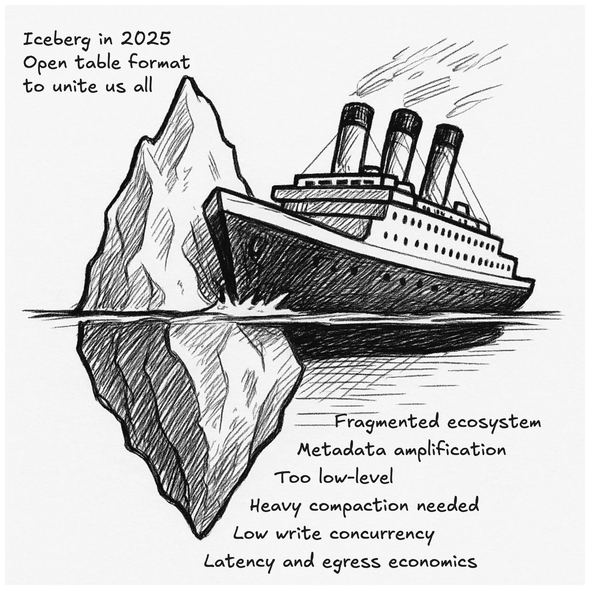 Ship colliding with iceberg labeled with data technology challenges and limitations
