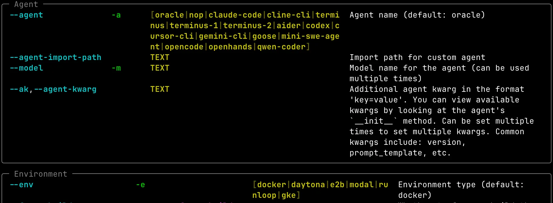 Harbor CLI help output showing available agents and environments