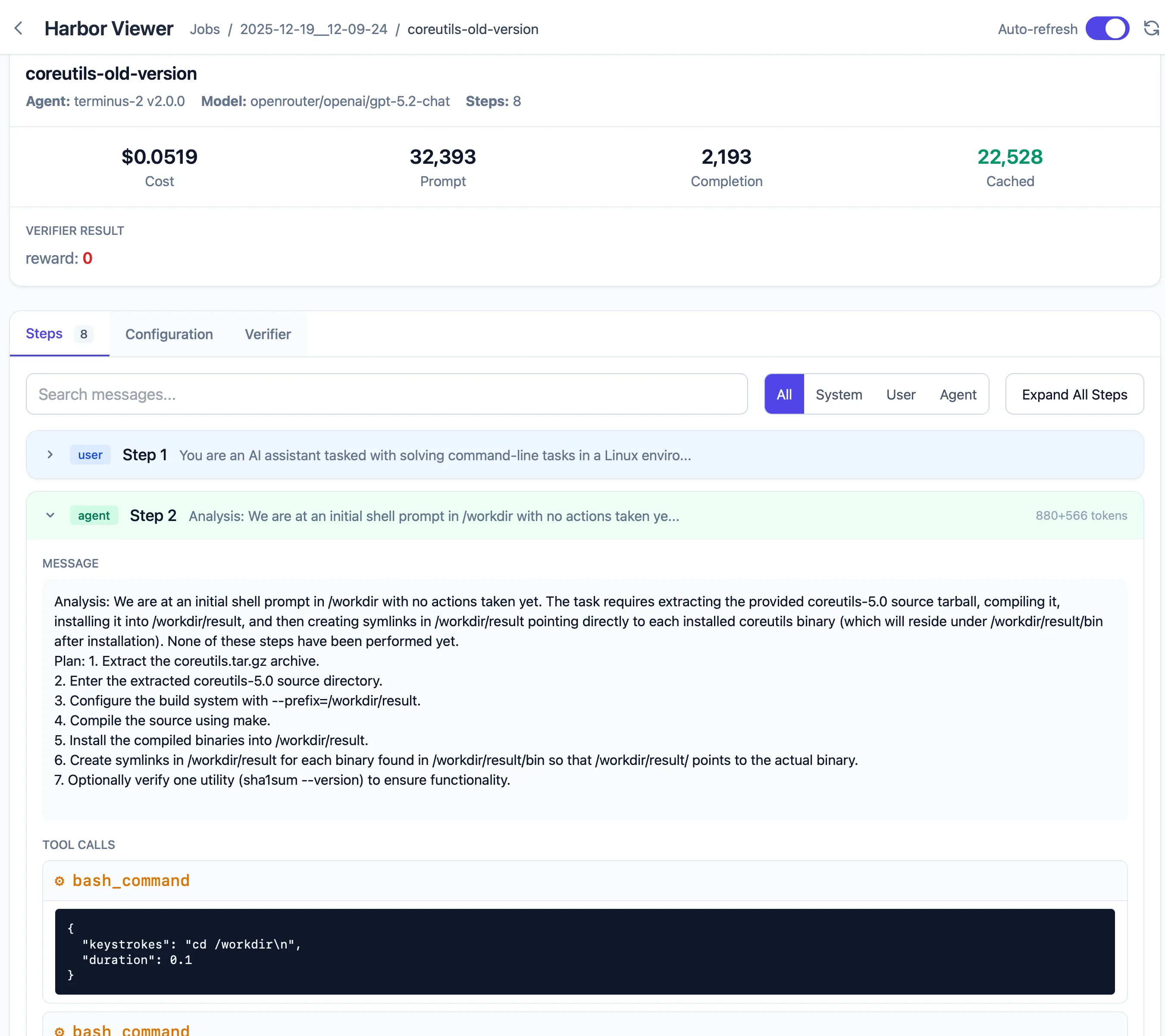 Harbor trajectory viewer interface showing agent interactions