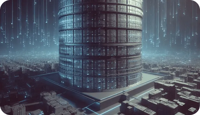 Futuristic cylindrical skyscraper surrounded by a glowing digital cityscape