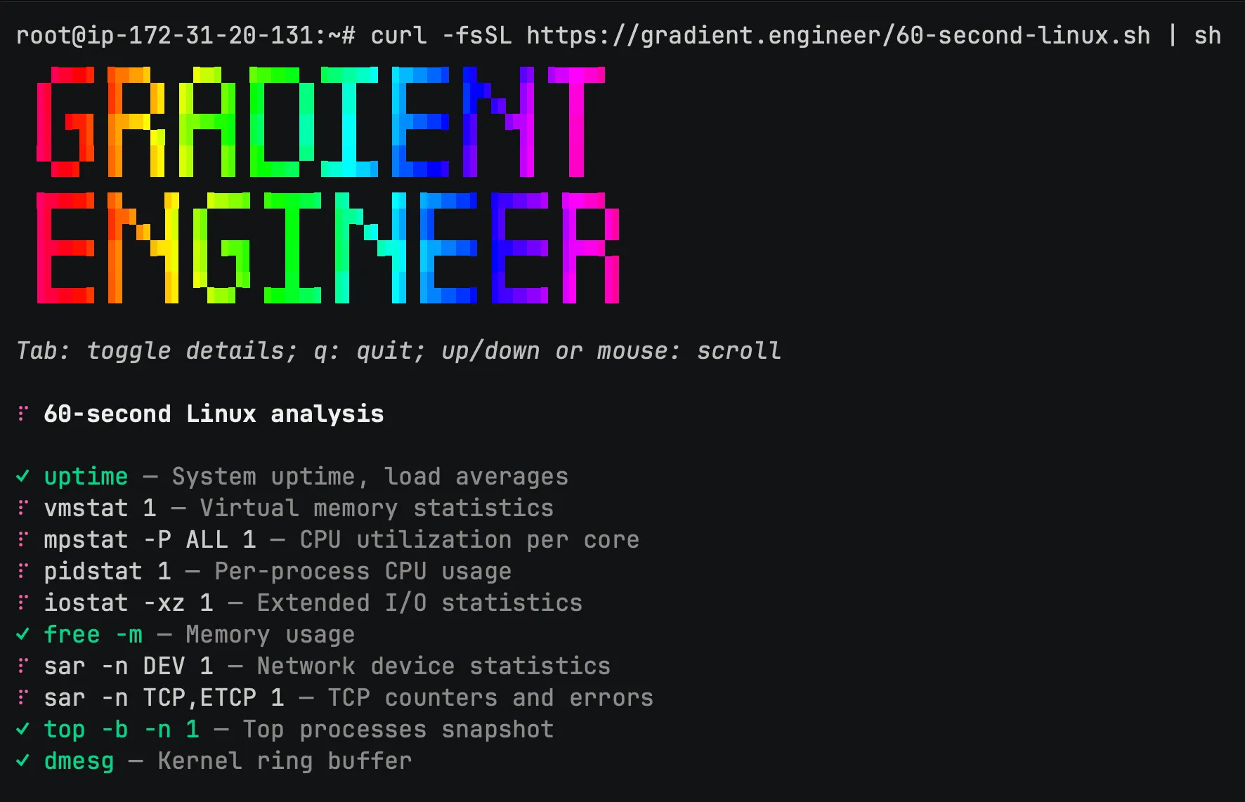 Terminal screen showing Gradient Engineer logo and 60-second Linux analysis tool output