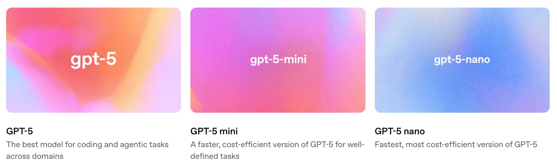 GPT-5, GPT-5 mini, and GPT-5 nano model options with descriptions