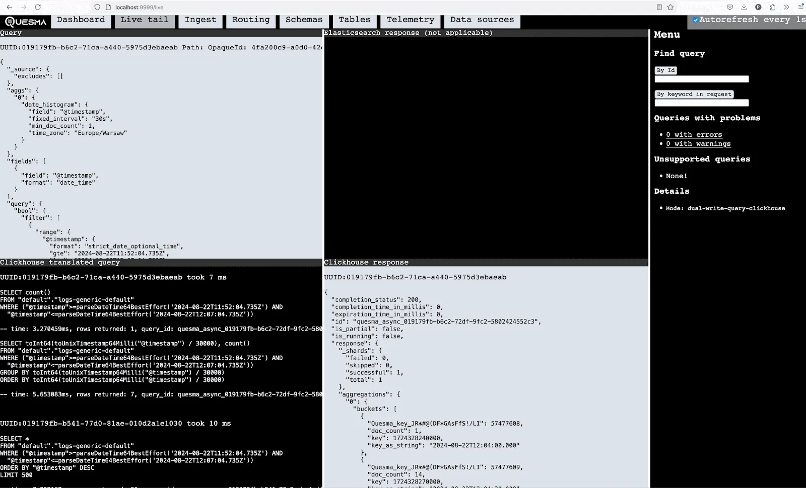 Quesma Live tail interface showing query translation from Elasticsearch to ClickHouse