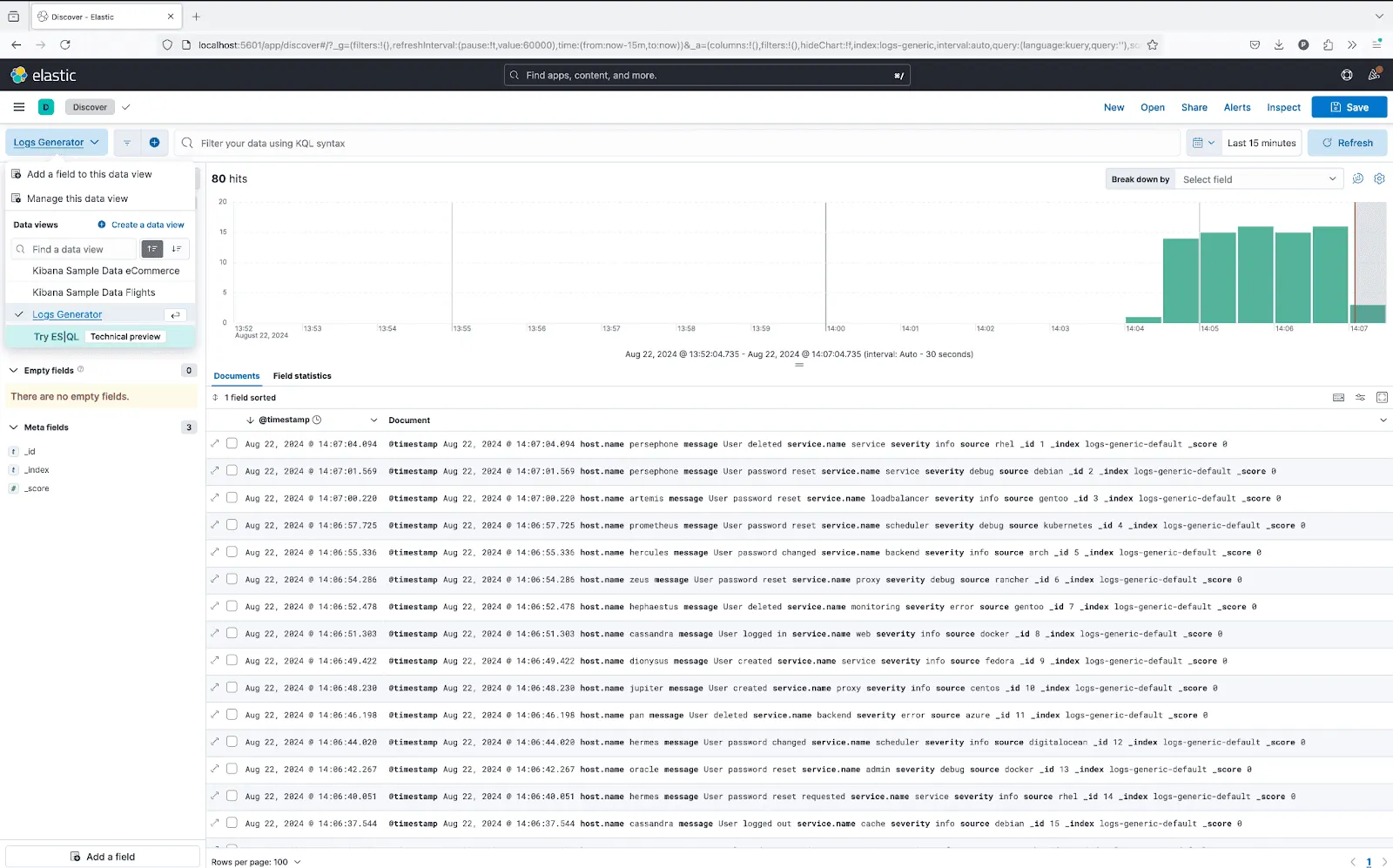 Kibana Discover interface showing Logs Generator data with histogram and log entries