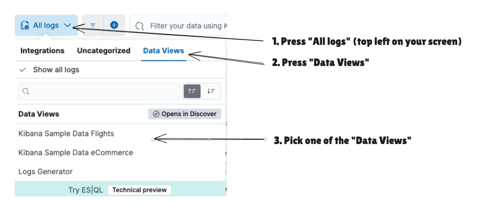 Kibana interface with annotations showing steps to select All logs and Data Views