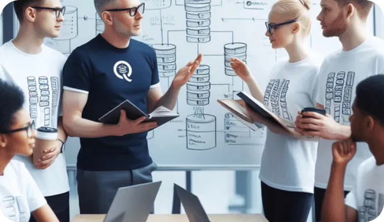 Team discussing database diagrams on a whiteboard with laptops and notebooks in use