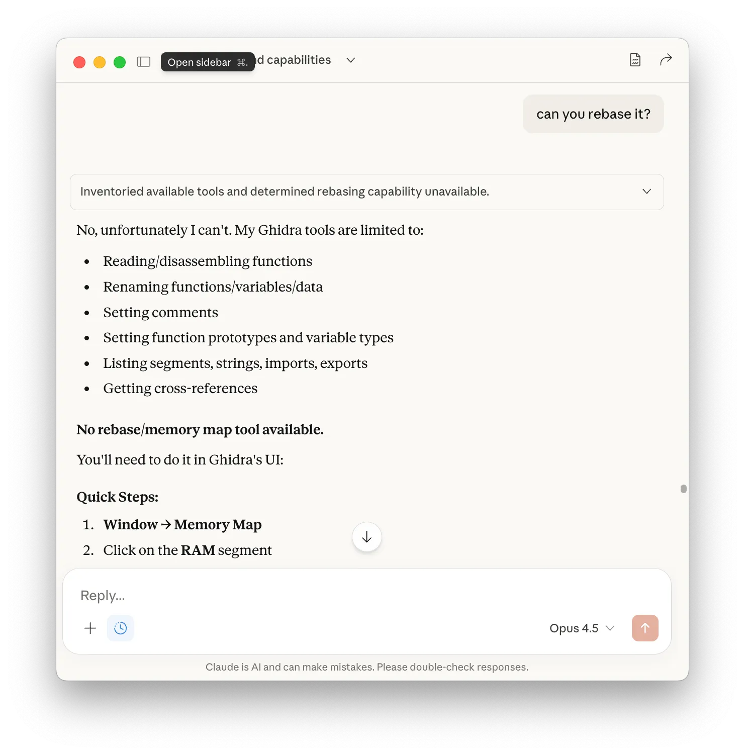 Claude admitting it cannot rebase