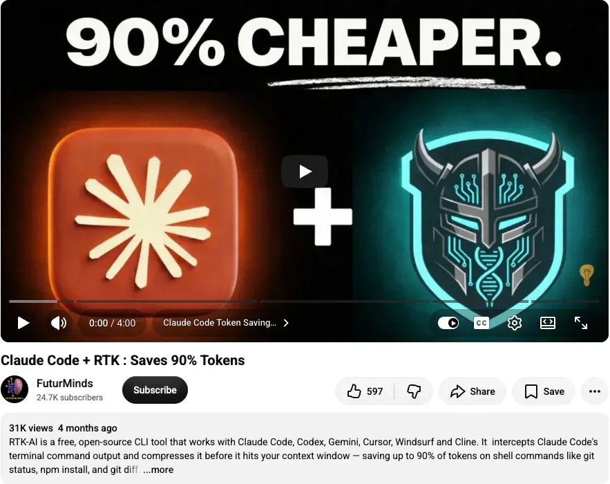 FuturMinds video titled Claude Code plus RTK: Saves 90% Tokens, showing 31,000 views