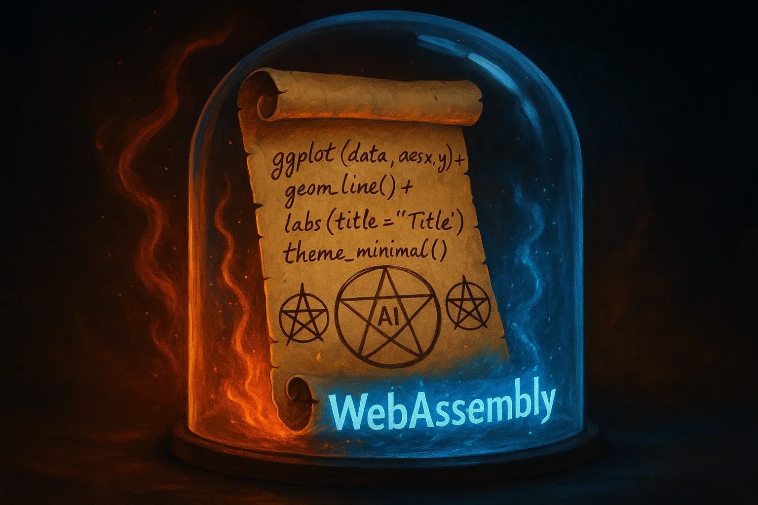 Ancient scroll with ggplot code and pentagram symbols surrounded by blue WebAssembly shield and red flames