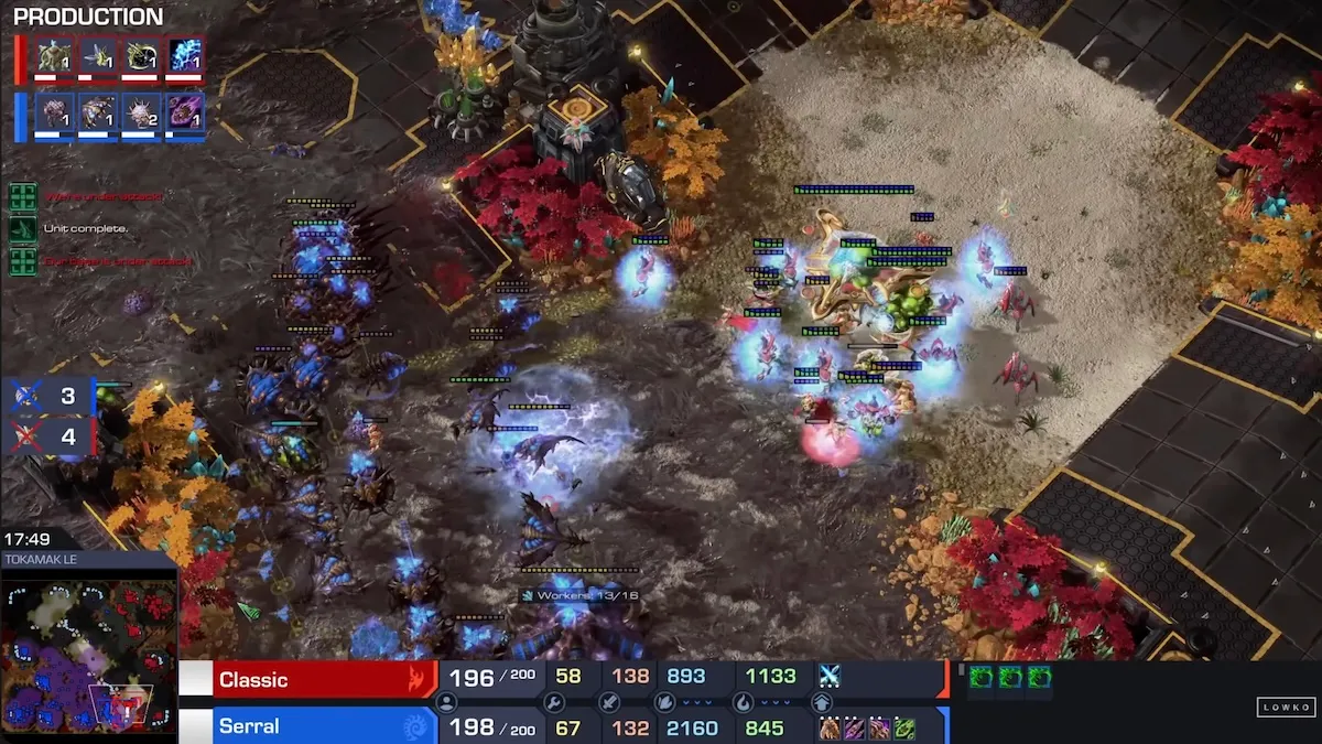 Zerg and Protoss armies battle on a StarCraft II map with colorful terrain and UI overlays.
