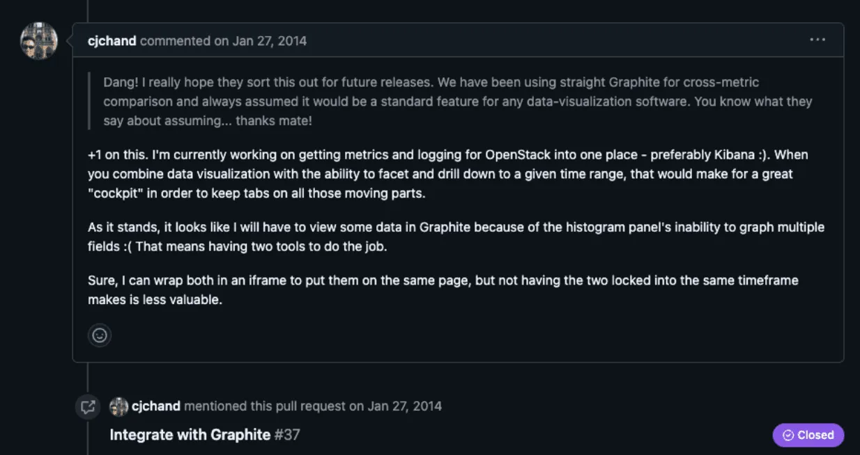 GitHub comment discussing desire for Kibana-Graphite integration for better metrics visualization.