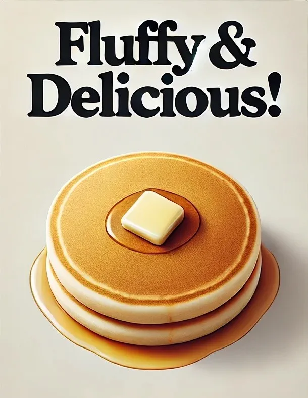 Stack of pancakes with butter and syrup under bold text reading “Fluffy & Delicious!”
