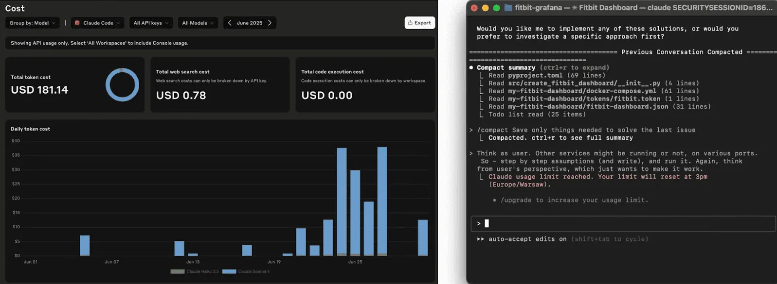 Cost dashboard with token usage chart alongside code editor showing usage limit warning